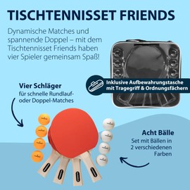 HUDORA Tischtennis Set Friends - hochwertiges Tischtennisschläger Set mit 4 Schlägern & 8 Bällen - Ping Pong Schläger Set inkl. Aufbewahrungstasche - Tischtennis Schläger für 4 Spieler