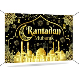 Mocsicka Ramadan Mubarak Banner Backdrop Black and Gold Ramadan Decorations Crescent Moon and Mosque Eid Mubarak Decorations Banner Background Photo Booth Props 70.8 x 43.3 Inch