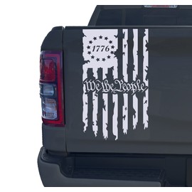 We The People Betsy Ross Flag 1776 Distressed American USA US Flag Truck Tailgate Vinyl Decal Stickers Preamble of The US Constitution (10" x 18") (White)