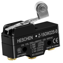 Heschen Small Micro Switch, Z-15GW22S-B, Momentary Contact Short Hinge Roller Lever, 3 Screw Terminal, 15A Rated Current
