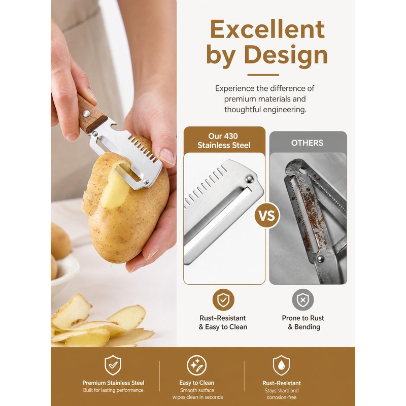 3-in-1 Multifunctional Vegetable Peeler, Curved Stainless Steel Blade Wooden Handle