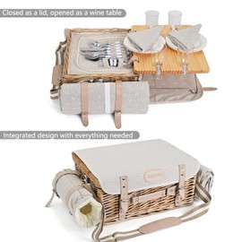 Multifunctional Wicker Picnic Basket Set for 4 with Blanket and Picnic Table, Insulated Picnic Set with Full Tablewares for Camping Outdoor Couples, Flowers