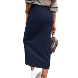 KIRUNDO Women's Skirts Trendy Summer Fall Spring High Waisted Pencil Wrap Midi Cargo Skirt with Slit Business Casual Clothes(Navy, Large)