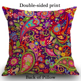 Smooffly Hippie Vivid Pattern Cushion Cover Abstract Colorful Flowers Hippie Peace Symbol Mushrooms Paisley Decorative Square Pillow Case for Home Bedroom Living Room Throw Pillow Cover 18x18 Inch