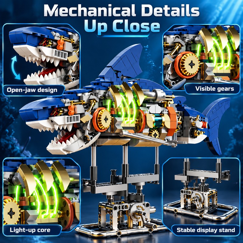 Mechanical Shark Building Set for Creative Play – 687-Piece Light-Up
