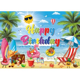 Summer Happy Birthday Backdrop 8x6FT Tropical Hawaiian Beach Photography Background Summer Pool Party Birthday Party Decoration Supplies
