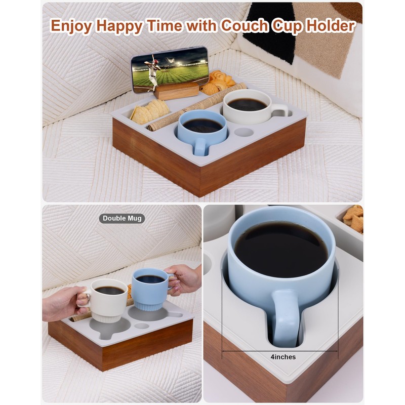 Hitseon Couch Cup Holder Tray, Portable Silicone Acacia Wooden 2