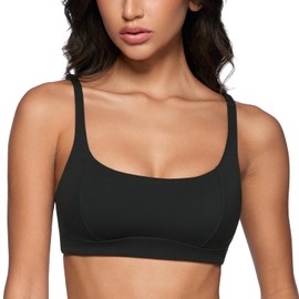 INGIA Women's Square Scoop Neck Sports Bra Thin Strap Padded Low Impact Yoga Bandeau Bra Wireless Workout Crop Top Black Small