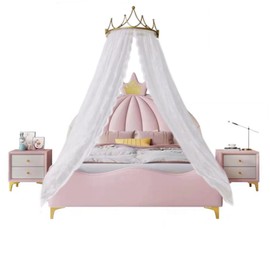 SFYZHMME Crown Bed Canopy Chiffon, Prince Gold Metal Crown with Decorative lace Bed Curtain Drapery for Living Room Gift Party (White)