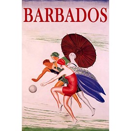 WONDERFULITEMS Barbados Caribbean Summer Beach Happy Women Playing Ball Sun Umbrella Travel 12" x 16" Image Size Vintage Poster repro Canvas Rolled up. We Have Other Sizes