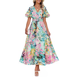 ZESICA Women's 2025 Summer Floral V Neck Midi Dress Boho Short Sleeve High Waist Flowy Beach Vacation Dresses with Belt,Green,Medium