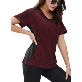 HOCOSIT Women's Workout Shirts Fast Dry Active Wear Yoga Top Sweat Wcking Clothes Wine Red