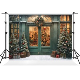 Kate 7×5ft Christmas Backdrop Photography Xmas Green Door Outdoor Snow View Christmas Tree Wreath Decoration Background Studio Props for Party Image Video
