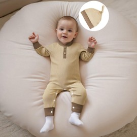 MAHUAOYIXI Infant Baby Boy Ribbed Rompers Contrast Trim Full Length Jumpsuit Newborn Baby Boys' Long Sleeve Bodysuits V Neck Button Up Footies with Cap 2Pcs Fall Winter Outfits (Apricot, Newborn)