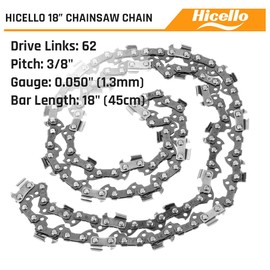 Hicello 1PC Chainsaw Chain for 18 Inch Bar - 3/8'' Pitch - 62 Driver Links - 0.050''(1.3mm) Gauge, Replacement Saw Chains for Chiansaw 45cm Guide Bar Compatible with M cCulloch H usqvarna R yobi