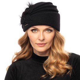 VIVISENCE Women's Winter Toque Made of Wool Handmade Autumn Warm Hat with Flower Appliqué for Women Pearls Perfect Fit Ideal for Cold Winter Days Model 7058, black
