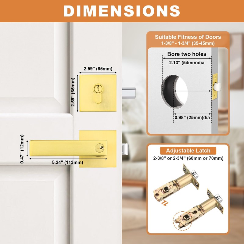 Probrico Brushed Gold Exterior Door Locksets, Heavy Duty Square Keyed