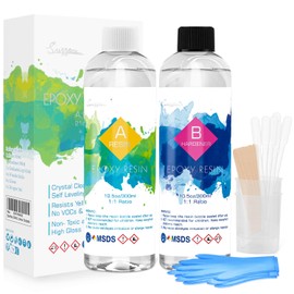 Suzzam Epoxidharz, 600ml/21oz Glasklar Epoxidharz mit H?rter 1: 1 Verh?ltnis mit Handschuh, Messbecher, Holzst?bchen, Pipetten, Geruchsarm Epoxidharz Gie?harz fr Kunstgie?harz, Schmuck, Tischplatte