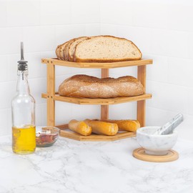 woodluv 3-Tier Space Saving Bamboo Corner Unit, Cupboard Organiser For Narrow Space, Bathroom Shelf, Bamboo Corner Organizer, Standing Storage Unit For Home, Living Room, Kitchen