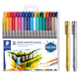 Staedtler 3200TB36P1X Dual Tip Fibre Tip Pens, for Two Line Widths and Metallic Marker in Gold and Silver for Light and Dark Paper, 36 Felt Tip Pens and 2 Markers