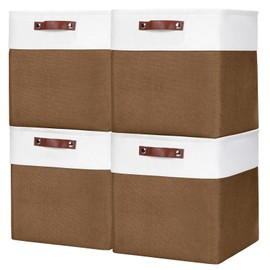 Bagnizer 13x13 Cube Storage Bins, Collapsible Fabric Storage Box, 4 Pack Closet Baskets with Handles for Organizing, Shelf, Toys, Clothes, Home, Office, Nursery (Brown&White)