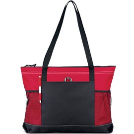 Gemline Red Zippered Tote Bag with 600-D Polyester Fabric, 29.5-Inch Shoulder Straps, Zippered Compartment, Front Pocket with Pen Loop, and Side Mesh Pockets