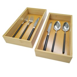 ROLiGHTiC Wooden Bamboo Kitchen Drawer Organizer Box, Stackable Tray Utensil Organizer for Office, Cabinets, Shelves, Pantry, or Bathroom Counter, Drawer Dividers for Silverware Set of 2, 12x6x2 inch