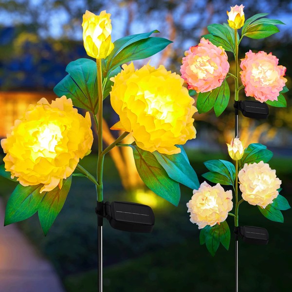Outdoor Solar Flower Lights - 3 Pack Solar Garden Lights with Larger & More Realistic Peony, Bigger Solar Panel, Waterproof LED Solar Lights Outdoor for Yard Garden Lawn Pathway Decoration