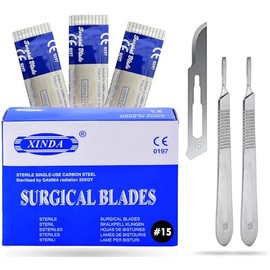 MuskalMed Pack of 100 Blades #15, Scalpel Blades for Knife Scalpel, High Carbon Steel Dermablade Blades. Individually Wrapped, Sterile + Free 2 Handle #3