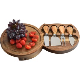 Acacia Wood Cheese Board Set, Mini Charcuterie Boards Accessories, Round Charcuterie Board With 4 Knives, House Warming Gifts New Home, Birthday Gifts for Women