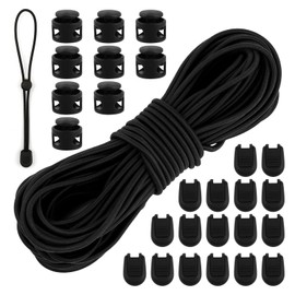 Elastische Gummischnur, 3 mm x 15 m Gummiseil mit 20 Stück Kordelstopper 2 Loch, 40 Stück Kordelendschloss, Rund Gummikordel Gummiband Schwarz für Rucksack Bekleid Wäscheleinen Schmuck