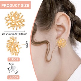 BENECREAT Pack of 10 Genuine 18K Gold-Plated Coral Branches Earring Results, Flat Brass Stud Earrings with 30 Ear Nuts for Making Jewellery Earrings, Hole: 1.2 mm