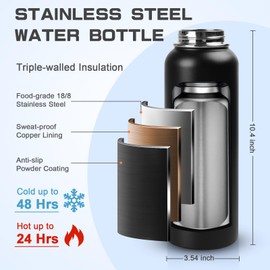 GAZLEMHO 40 oz Insulated Water Bottle with Straw& Spout 2-in-1 Lid, Triple Wall Vacuum Stainless Steel Cold 48H, Leak Proof Sports Metal Flask Jug with Paracord Handle, Black