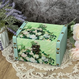 Treasure Box Vintage Wooden + PU Leather Decorative Storage Boxes Trinket Jewelry Box Memento Case Box Keepsake Box With Lids Gifts For Kids Girls Women Home Decor (Vase with Roses)