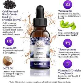 GuruNanda Black Seed Oil, Cold-Pressed Nigella Sativa - Rich in Vitamin D3 5000 Units, K2 & E, High Thymoquinone | Potent Antioxidant for Immune Support, Non-GMO, 2 Fl.oz