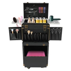 Makeup Rolling Case Large Hairdressing Tool Organiser 2 Mobile Password Locks and 2 Keys, Professional Makeup Train Case for Make Up Nail Hairstylists,Up To 44lbs (No combination lock - Black)