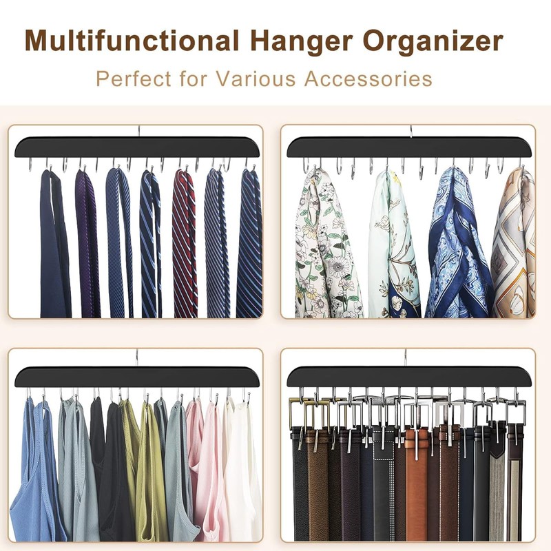 16 Hooks Wooden Belt Hanger, 360 Degree Rotating Space Saving