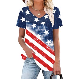 VVNTY American Flag Shirts: Women Stars and Stripes Tunic Tops Patriotic Pleated Dressy Casual V Neck Summer Tops