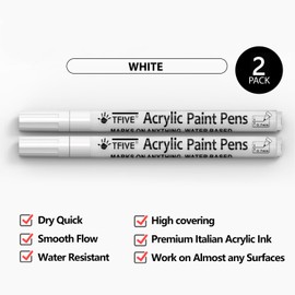 TFIVE TFIVE White Paint Marker Paint Pens - 2 Pack Acrylic Permanent Marker, 0.7mm Extra Fine Tip Paint Pen for Art Projects, Drawing, Rock Painting, Ceramic, Glass, Wood, Plastic, Metal, Canvas DIY Crafts