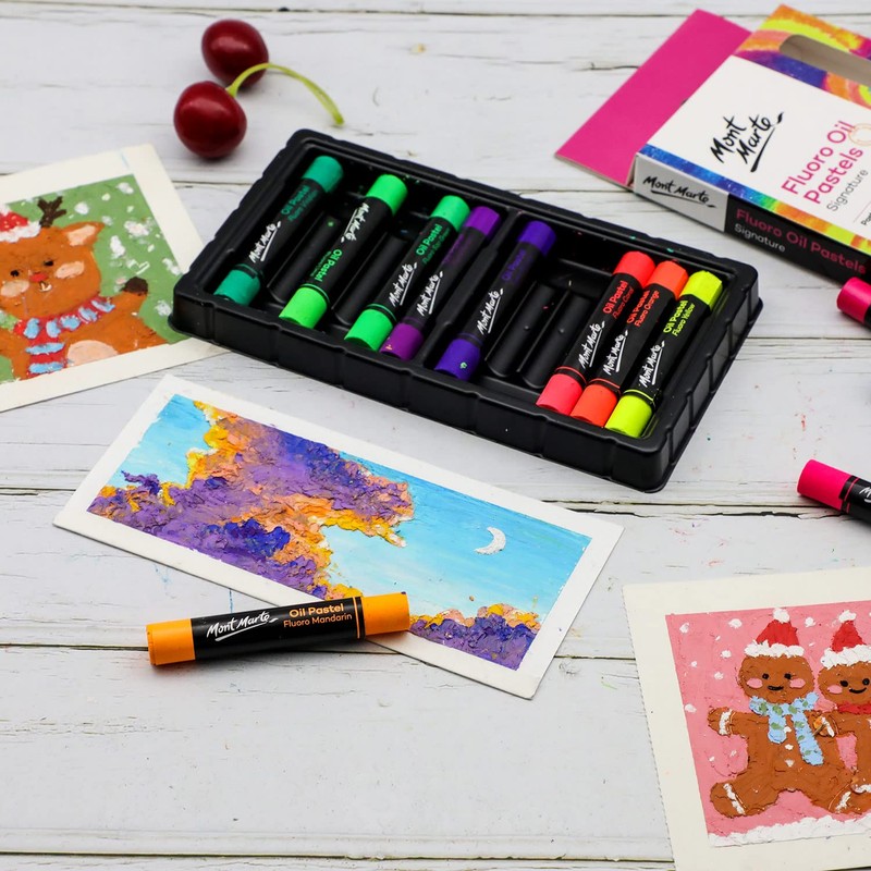 Mont Marte Fluoro Oil Pastels Signature 12pc, 12 Assorted Colours,