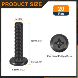 sourcing map 20Pcs M4-0.7 x 18mm Flat Round Head Machine Screws, 304 Stainless Steel Phillips Drive Machine Screw, Full Thread, Black Oxide