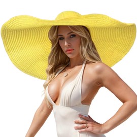 Oversized Beach Hat, Large Wide Brim Packable Floppy Sun Straw Hats for Women Foldable,Handmade Summer Vacation Big Hat,Yellow