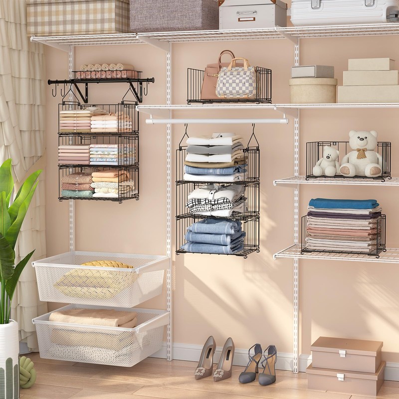 BUKFEN 3 Tier Hanging Closet Organizer, Wall Mounted Wire Storage