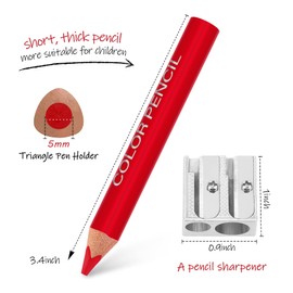 PABLUE Triangular Jumbo Color Pencils, Short Fat Pre-Sharped Colored Pencils with Pencil Sharpener and Eraser, for Toddlers Student Drawing and Doodling（12 Colors）