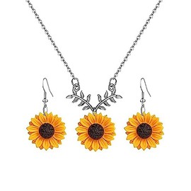 RTY Inspirational Sunflower Pendant Necklace Earrings Set Charmming Sunflower with Leaf Pendant Faux Pearl Flower Necklace Women Summer Fashion Gift (silver set)