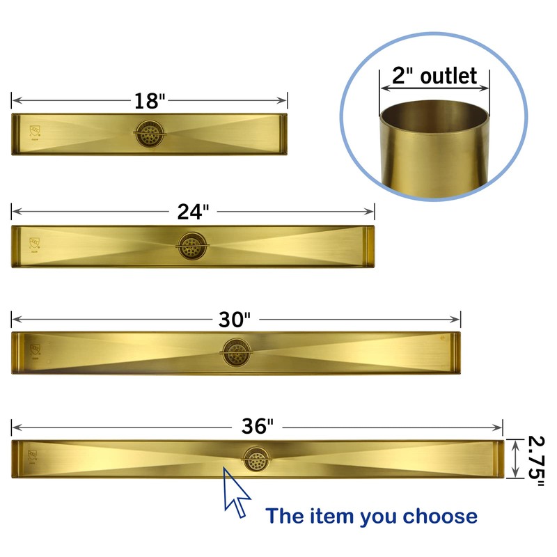 Bernkot Linear Shower Drain 36", Brushed Gold Floor Drain with
