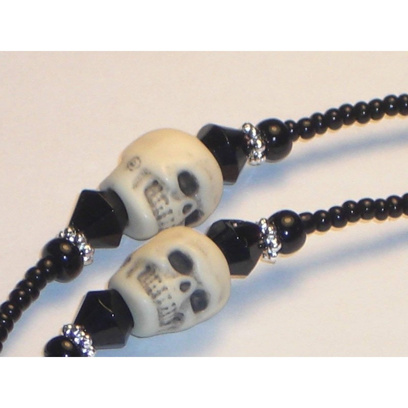 Beaded Eyeglass Chain Skulls Black Glass Seed Beads 28 inches