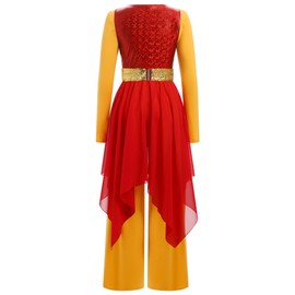 AFAVOM Praise Dance Dresses for Women Metallic Sequin Asymmetric Ruffle Chiffon Overlay Dress + Wide Leg Dance Pants Jumpsuit + Belt 3PCS Full Length Worship Liturgical Dancewear Costume Red M