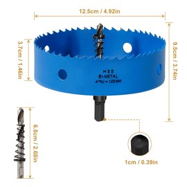 HYCHIKA Hole Saw 125 mm, Bi-Metal Hole Cutter Made of High-Speed Steel HSS for Metal, Aluminium, Plastic, Stainless Steel, Plastic, Wood, Plaster and much more, with Separable Drill and Allen Key