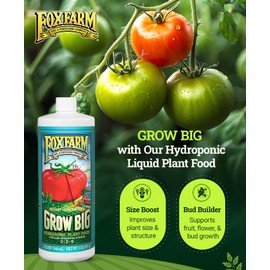 FoxFarm Grow Big Hydro Liquid Fertilizer, Plant Food with Micro Nutrients for Hydroponic Systems - Enhances Vegetative Growth, Flowering, and Fruiting - pH Adjustable, NPK 3-2-6 (Quart)